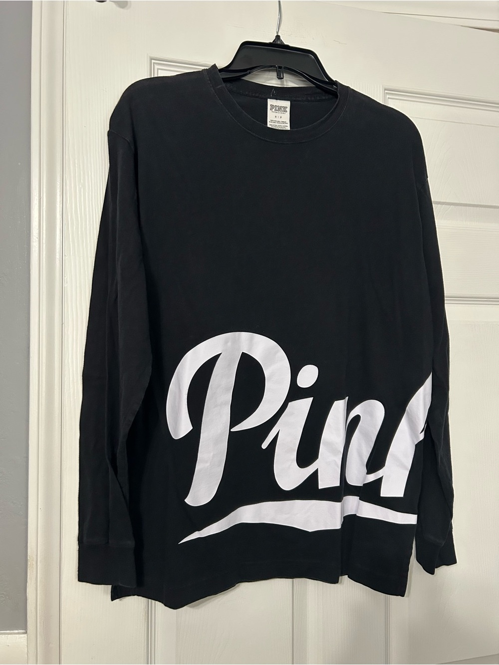 PINK Oversized Black Long Sleeve Top with White Script